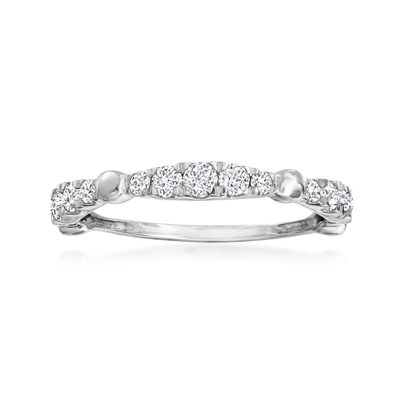 14kt white gold diamond ring with round stones in a continuous band