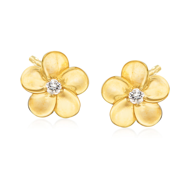 14kt yellow gold flower stud earrings with round diamond accents, post backs