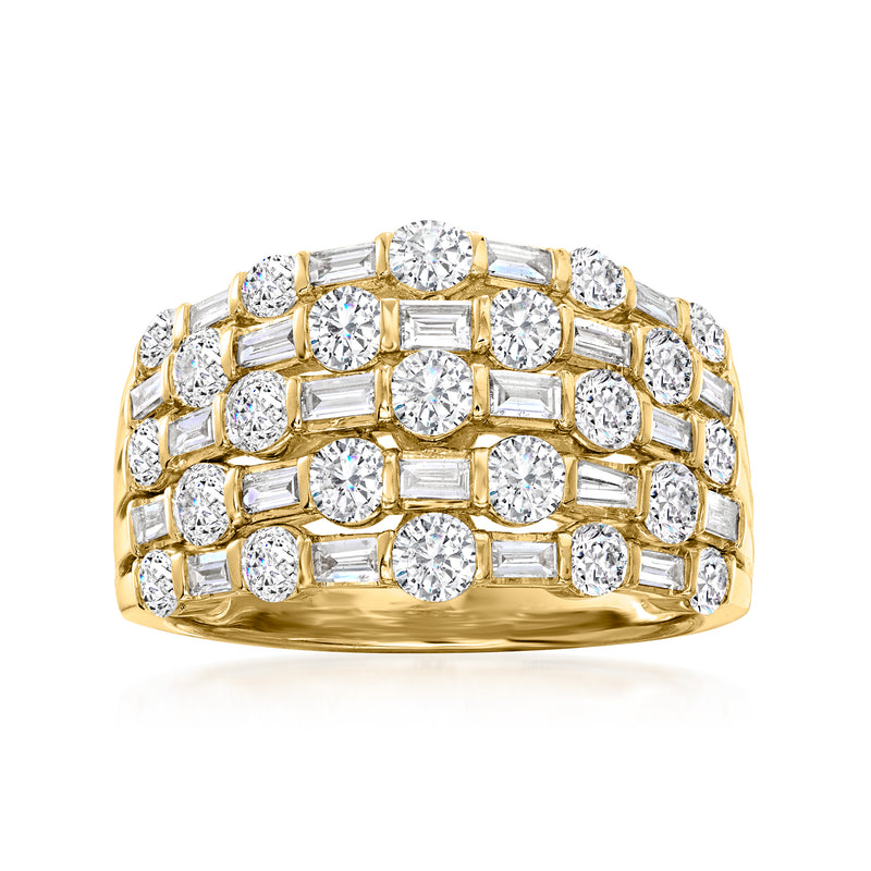 14kt yellow gold multi-row diamond ring with round and square stones