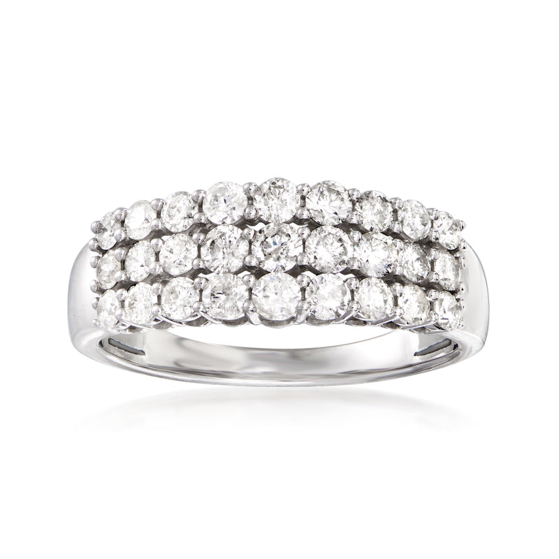 14kt white gold three-row diamond band ring with round stones