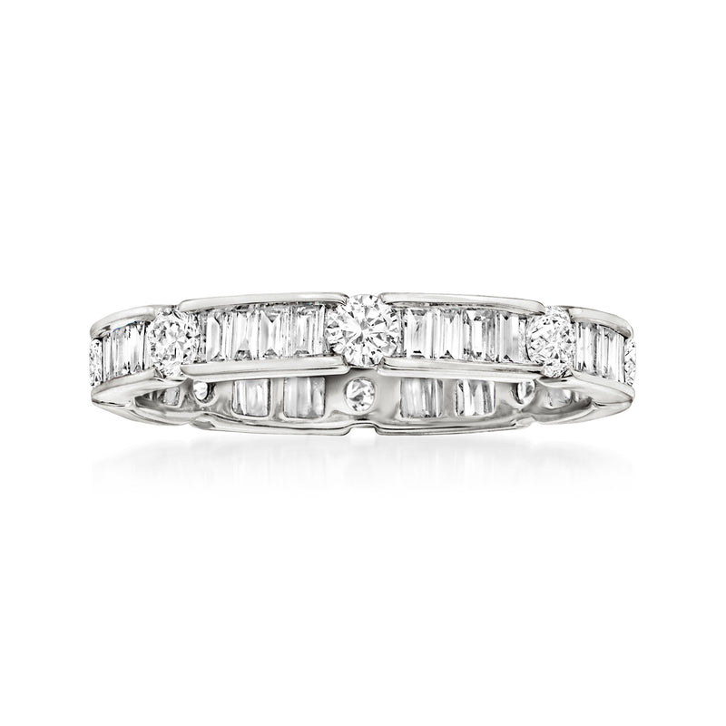 14kt white gold eternity band with baguette and round-cut diamonds in shared prong setting