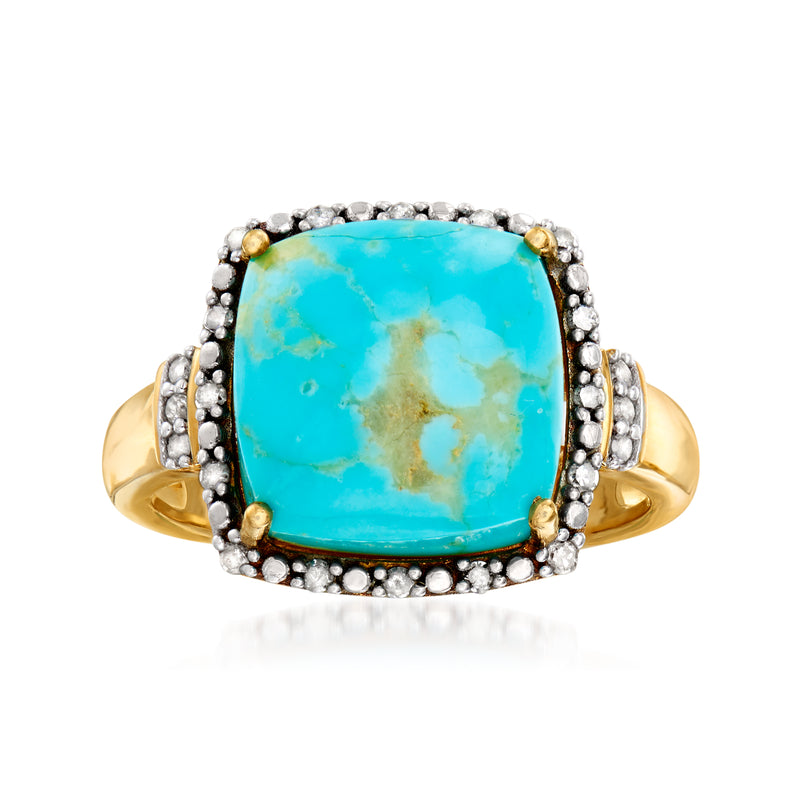Turquoise gemstone halo ring with small diamond accents on gold-tone band