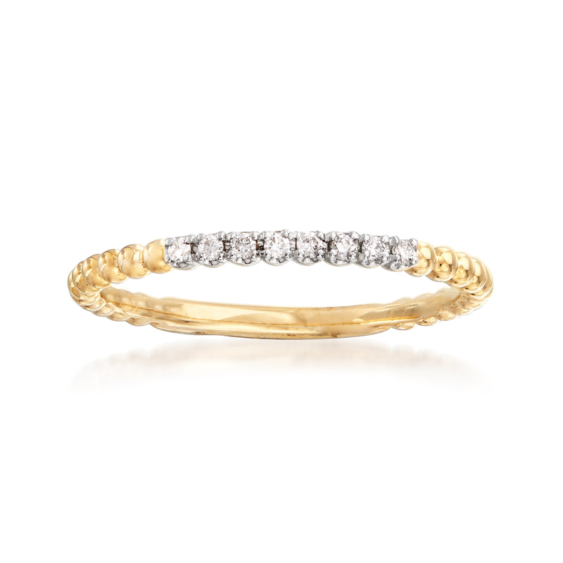 14kt yellow gold diamond-beaded ring, slim band with pave-style round stones