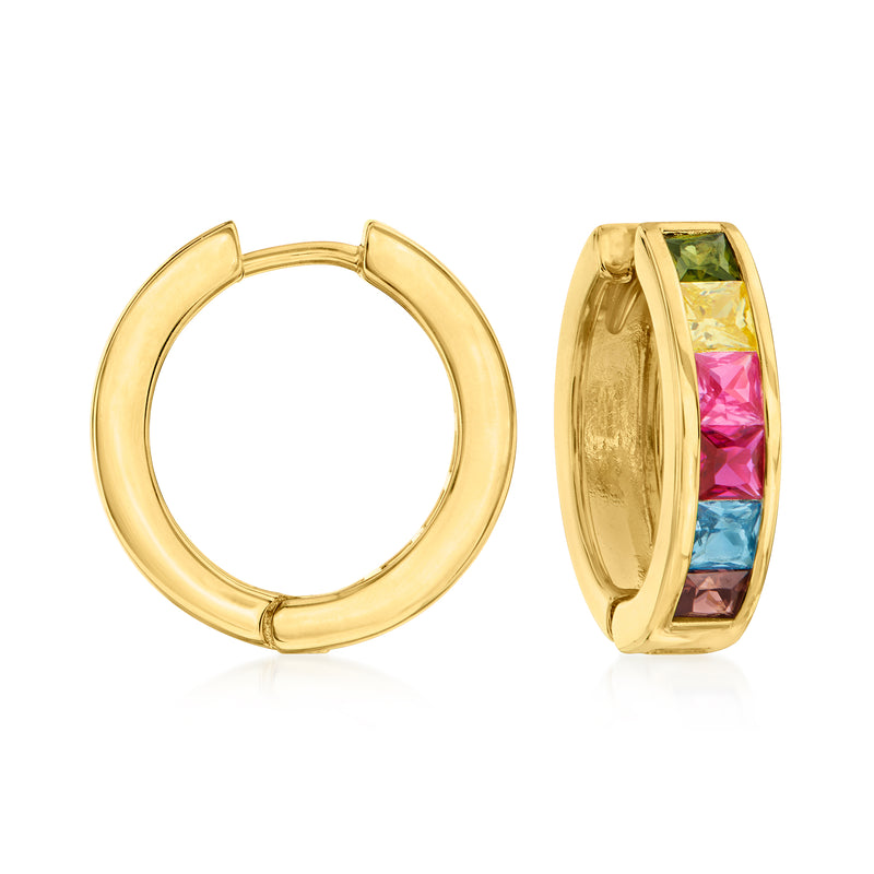 Gold huggie hoop earrings with multicolor simulated sapphire inset, hinged style.
