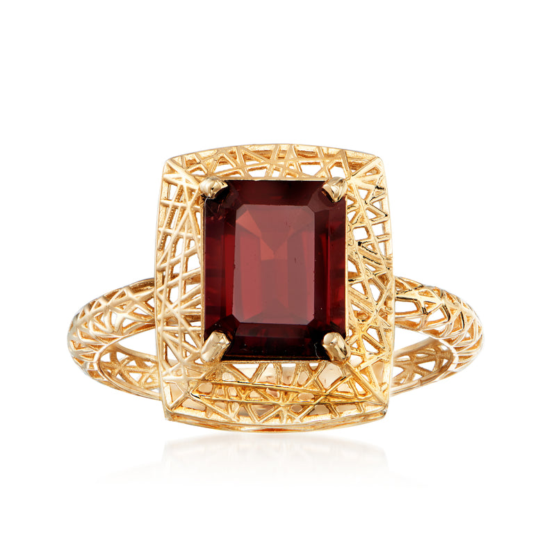 14kt yellow gold openwork ring with dark red square-cut garnet center