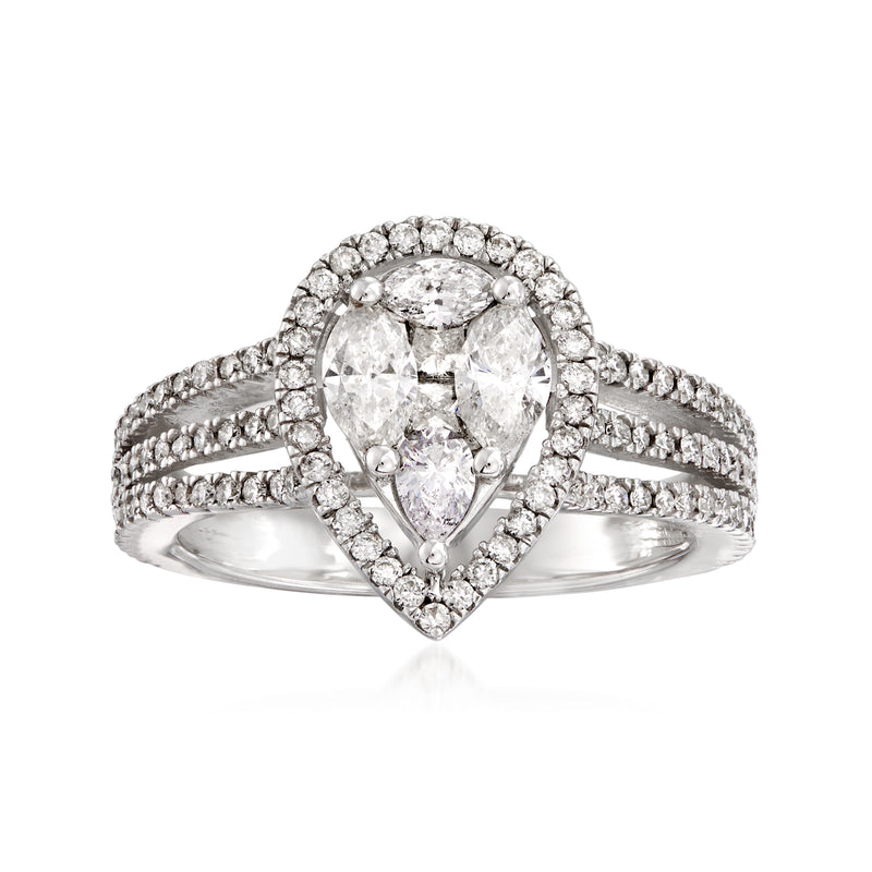 14kt white gold pear-shaped diamond cluster ring with halo and round diamond accents