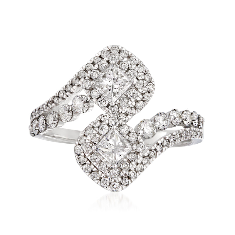 Diamond bypass ring in 14kt white gold with oval and round diamond halos