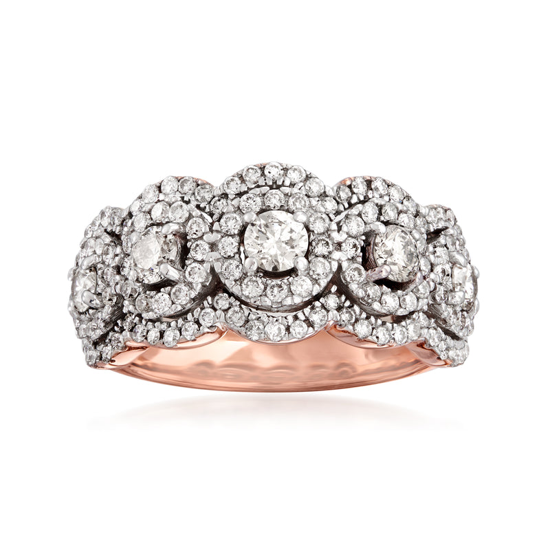 Rose gold diamond cluster ring with round center stone and sparkling halo