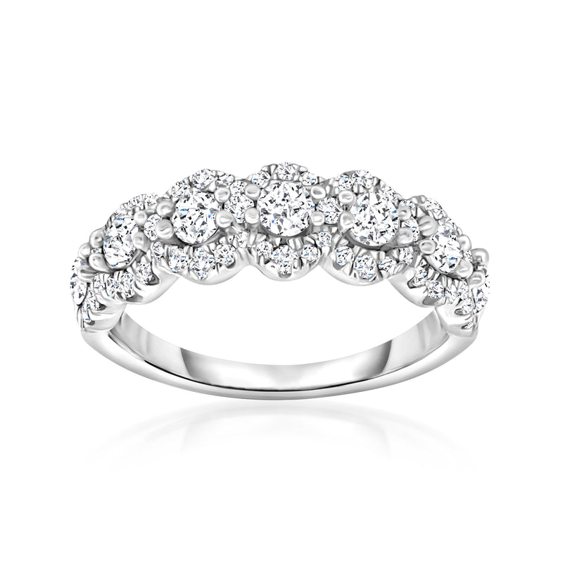 14kt white gold diamond ring with round cluster stones, shared prong setting