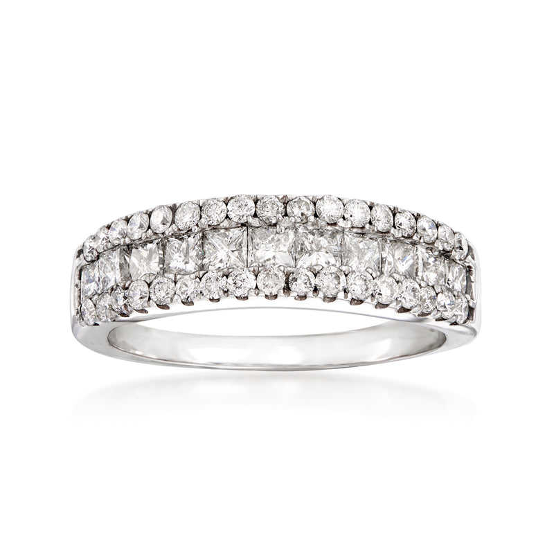 14kt white gold diamond ring with round diamonds across the band