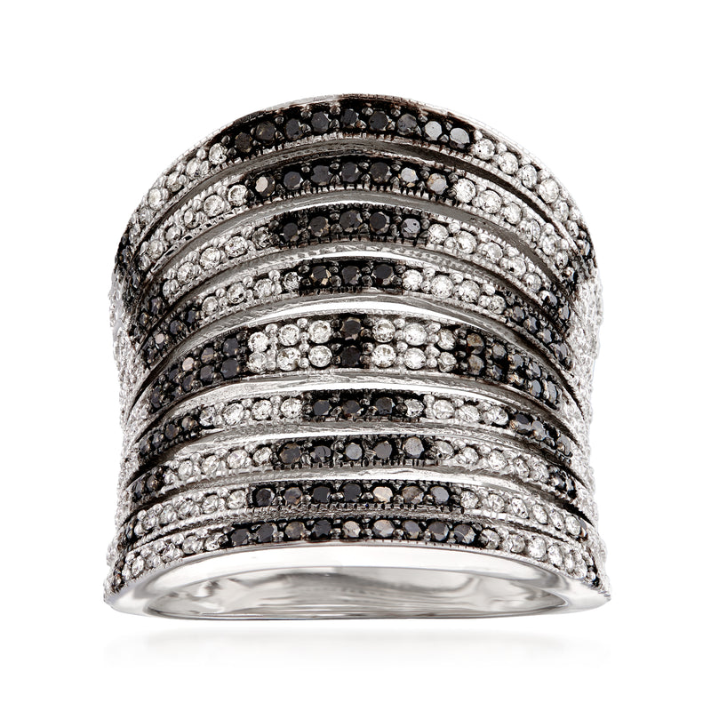 Multi-row black and white diamond ring in 14kt white gold