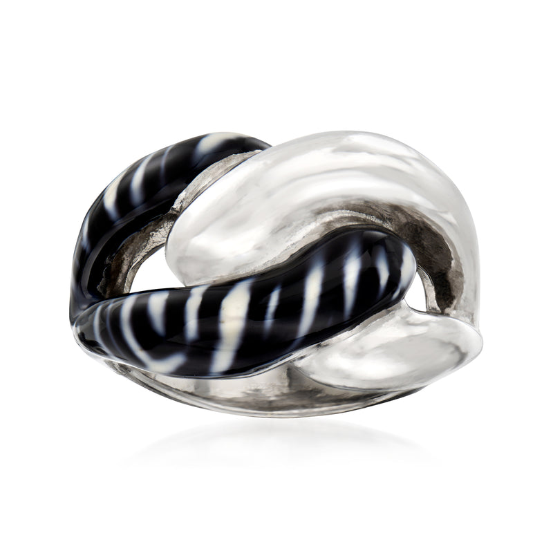 Sterling silver zebra-print enamel link ring with glossy black-and-white pattern