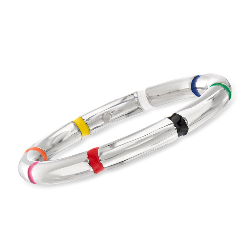 Sterling silver bangle bracelet with multicolored enamel inlaid bands