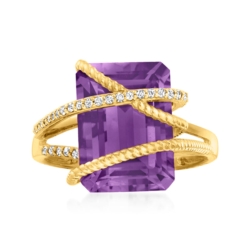Amethyst and diamond ring in 14kt yellow gold, with purple cushion center and prong-set gems