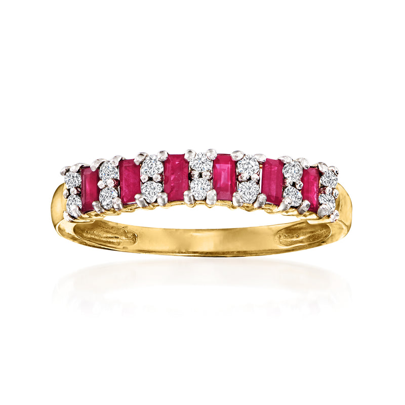 14kt yellow gold ring with alternating red ruby and white diamond rows