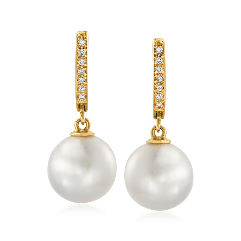 South Sea pearl drop earrings with diamond-set yellow gold bars