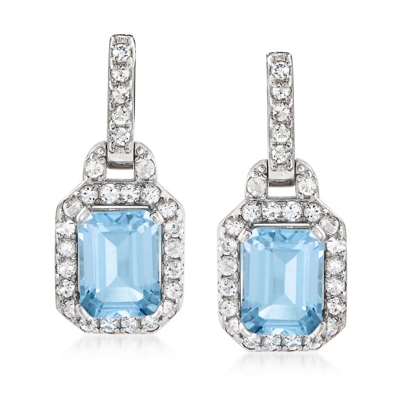 Sterling silver drop earrings with sky blue topaz square stones and white topaz halos