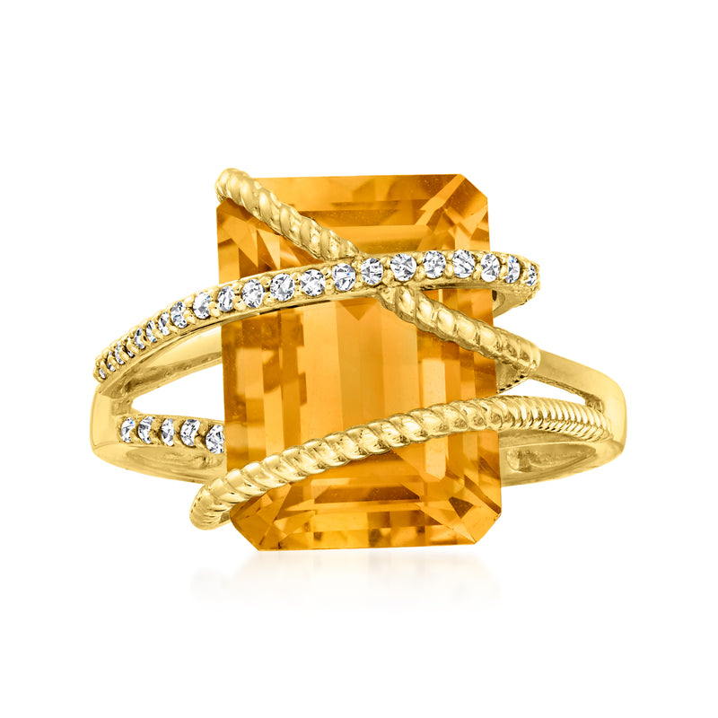 14kt yellow gold ring with emerald-cut citrine and diamond accents