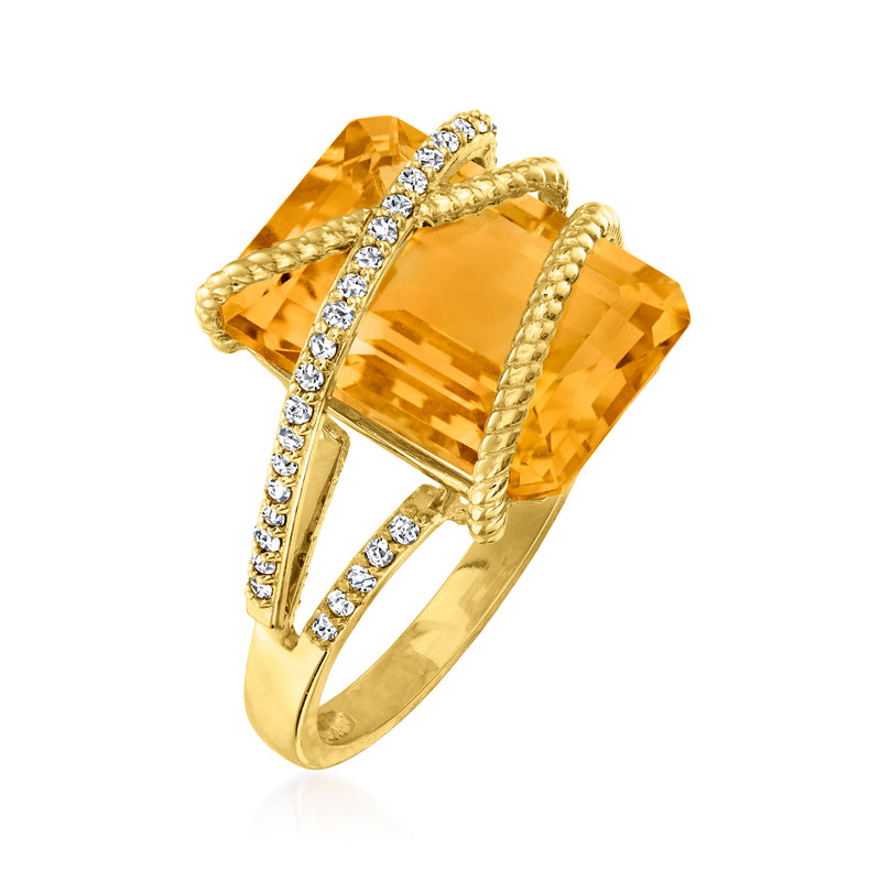 Rectangular citrine and diamond ring in 14kt yellow gold