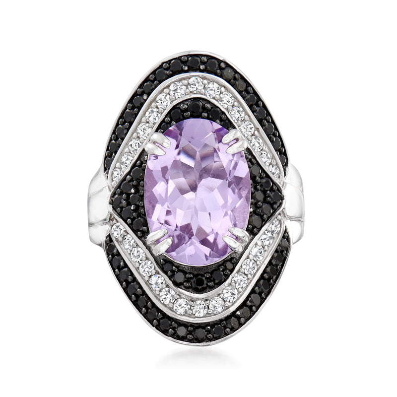 Sterling silver ring with oval amethyst center, black spinel border, and white zircon accents