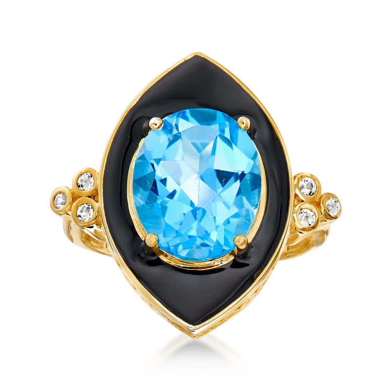 Gold-tone ring with oval Swiss blue topaz, black enamel frame, and small white stones