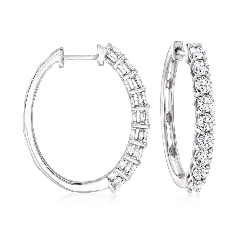 14kt white gold hoop earrings with round diamond row along the front