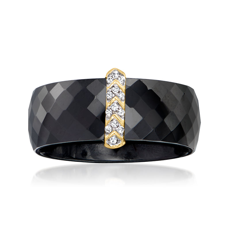 Black ceramic ring with 14kt yellow gold chevron diamond inlay