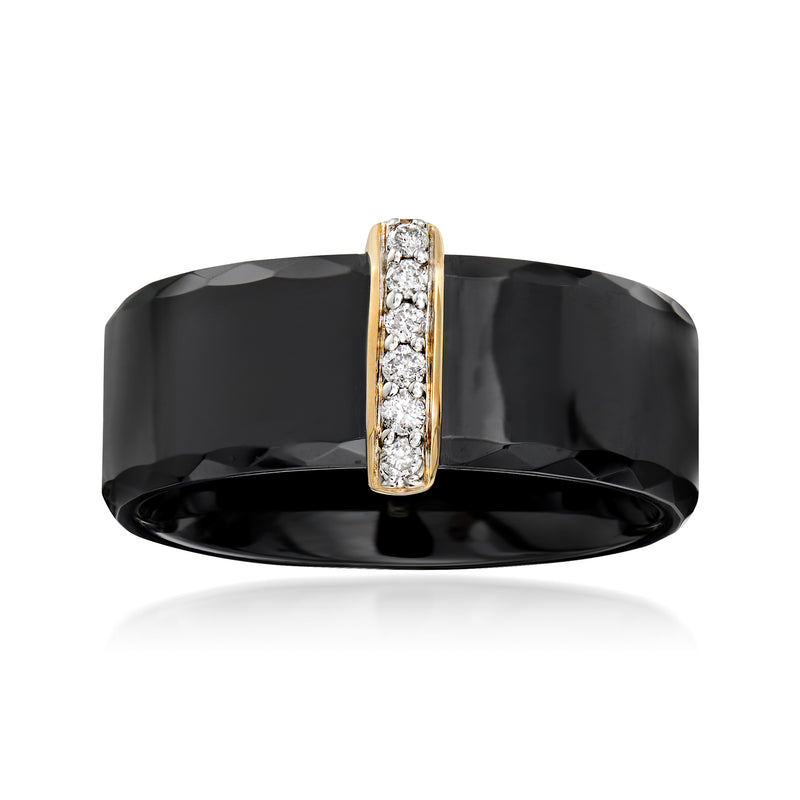 Black ceramic band ring with yellow gold diamond bar and channel-set stones