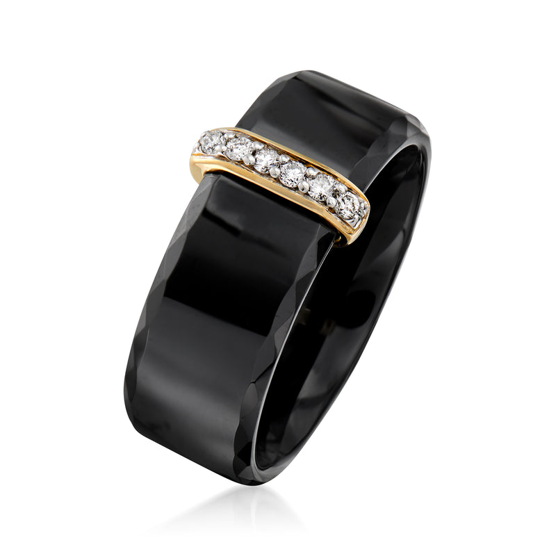 Black ceramic ring with yellow-gold diamond bar across the top
