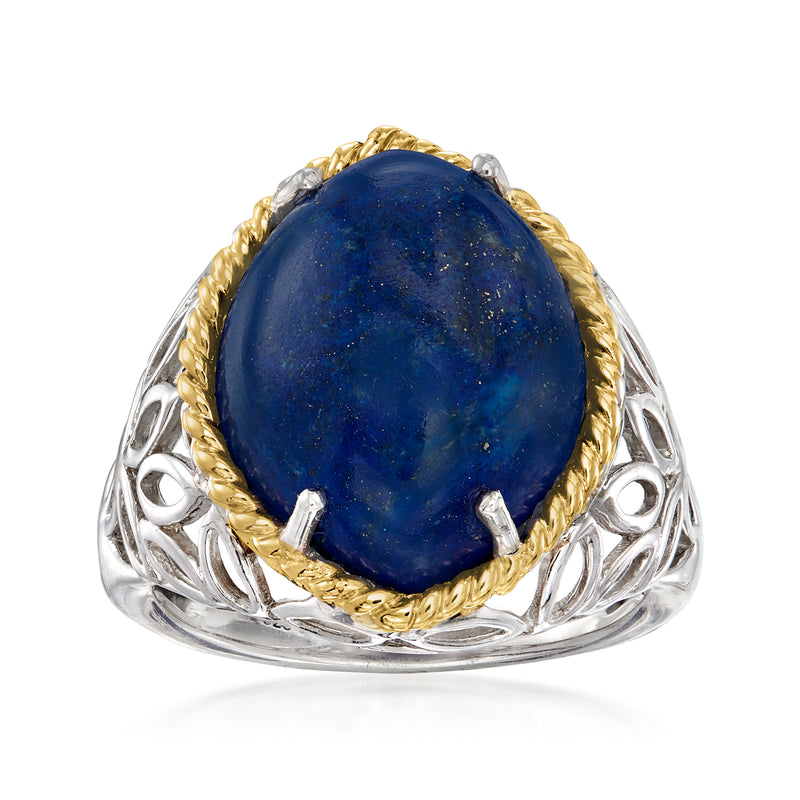Oval lapis lazuli ring with blue cabochon, 14kt yellow gold bezel, sterling silver