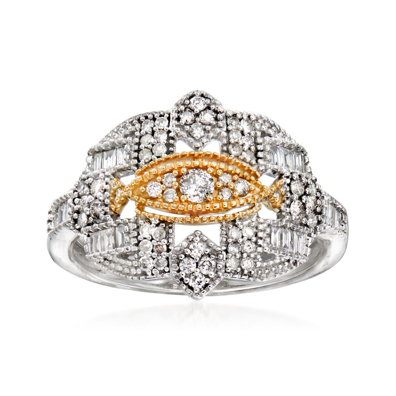 Vintage-style diamond beaded ring in sterling silver with yellow-gold oval center