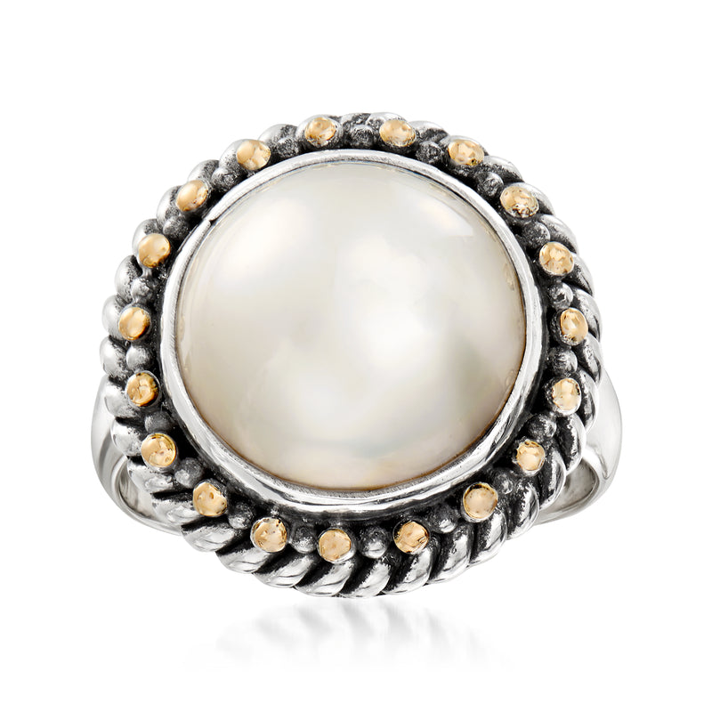 Sterling silver ring with round mabe pearl and yellow-gold bead border