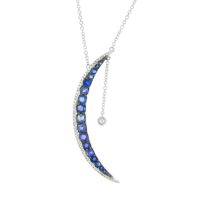14kt white gold half-moon necklace pendant with blue sapphire rows and diamond halo.