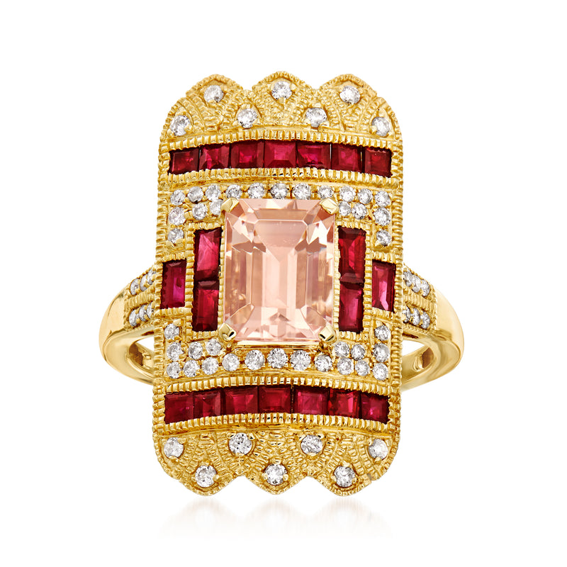 14kt yellow gold ring with morganite center, ruby bands, and diamond accents