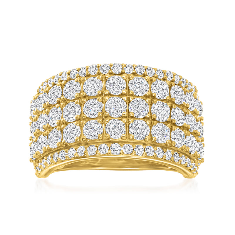 14kt yellow gold diamond multi-row ring with round-cut stones, three-row design