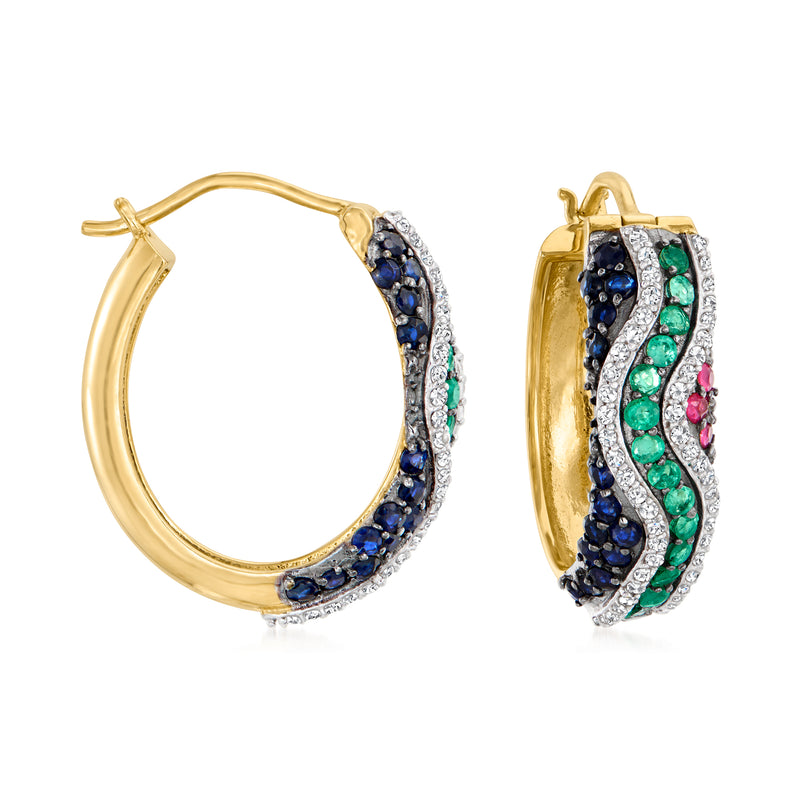 Multi-gemstone hoop earrings in gold over sterling, with blue, green, pink, white stones