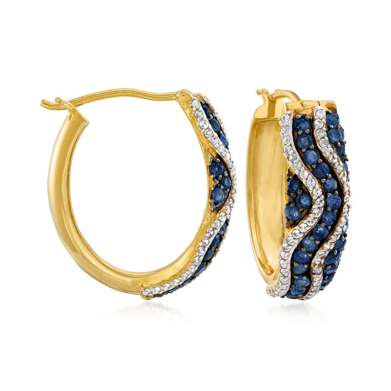 18kt gold over sterling hoop earrings with dark blue sapphire-style stones and white accents