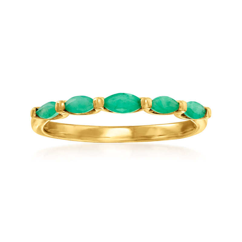 14kt yellow gold ring with oval emerald-green gemstones, bezel-set