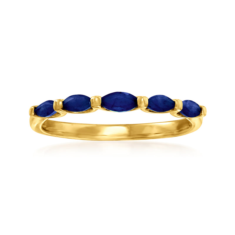 14kt yellow gold sapphire ring with five oval blue stones in bezel settings