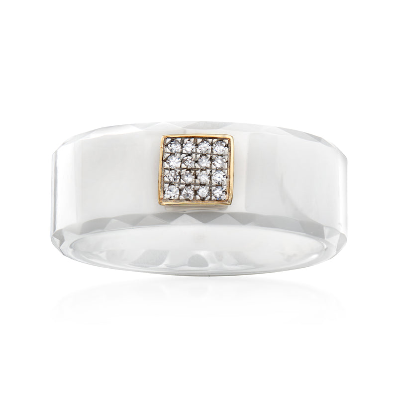 White ceramic ring with 14kt yellow gold square diamond accent top