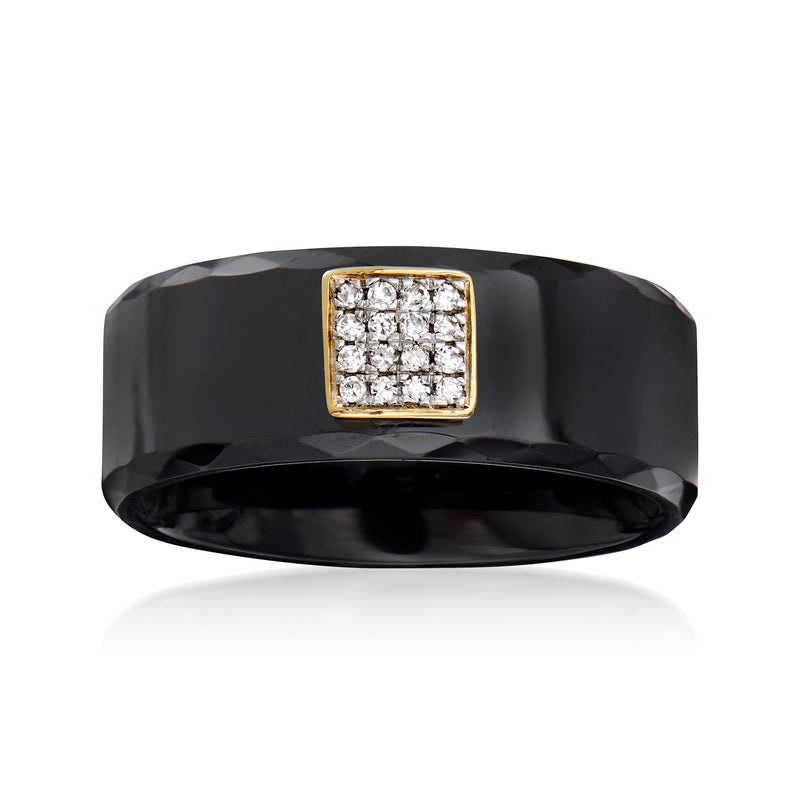 Black ceramic ring with rectangular diamond-accented yellow gold top
