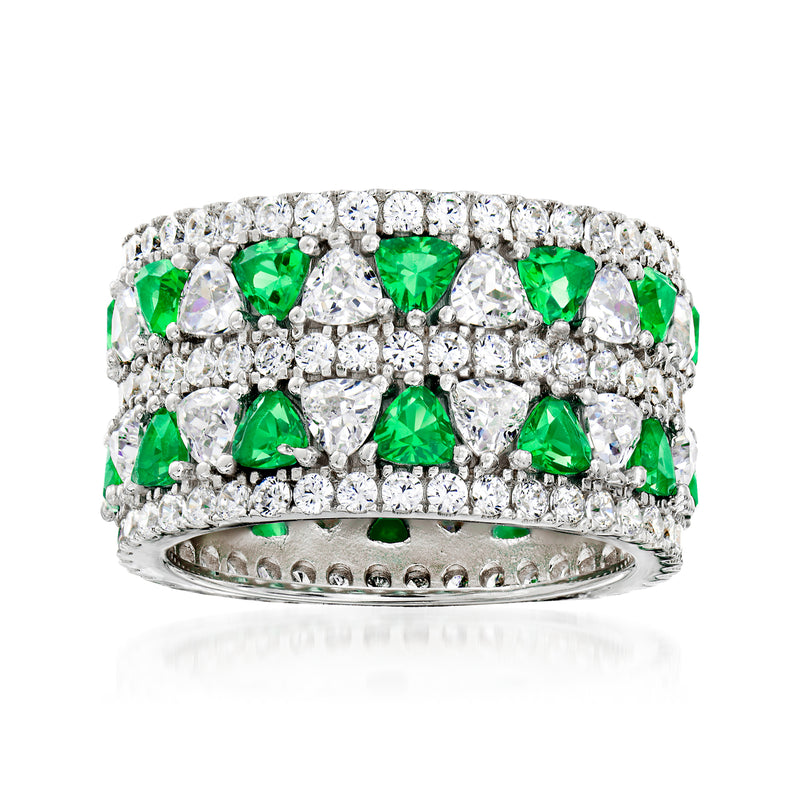 Sterling silver eternity ring with green simulated emerald and clear CZ stones