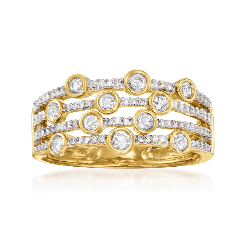 14kt yellow gold diamond multi-row ring with round stones in five rows