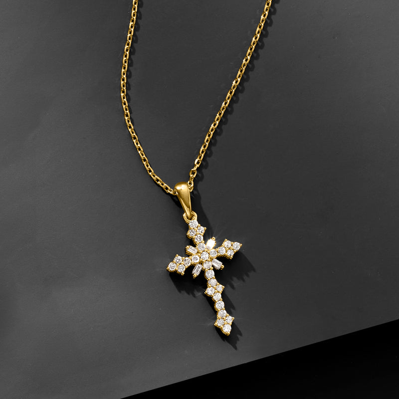 Diamond cross pendant necklace in 18kt gold over sterling on chain