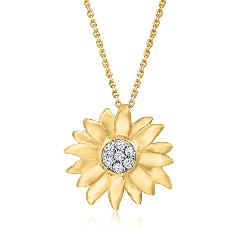 Gold sunflower pendant necklace with round diamond-style center on link chain