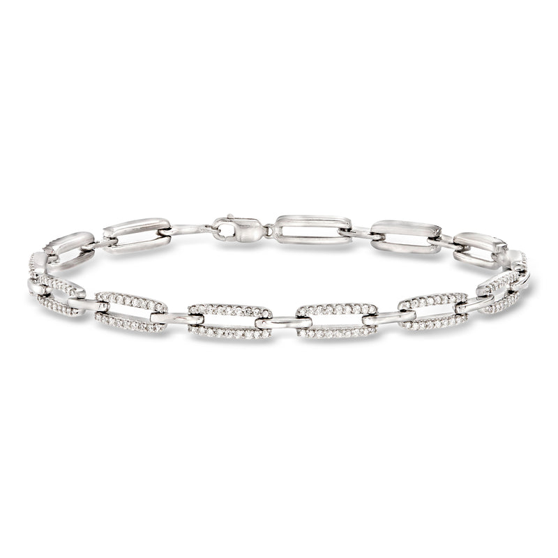 Sterling silver diamond paper-clip link bracelet with rectangular pave links and clasp
