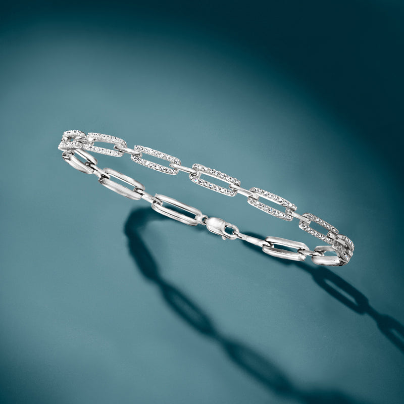 Diamond paper clip link bracelet in sterling silver
