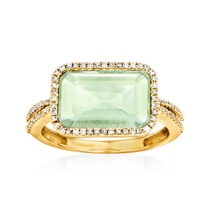 14kt yellow gold ring with emerald-cut prasiolite and diamond halo, split shank