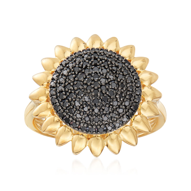 Black diamond sunflower ring in 18kt gold over sterling