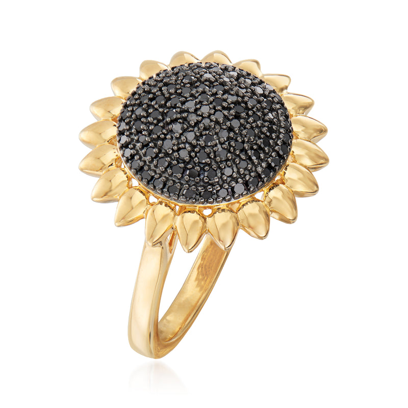 Black diamond sunflower ring in 18kt gold over sterling with petal halo